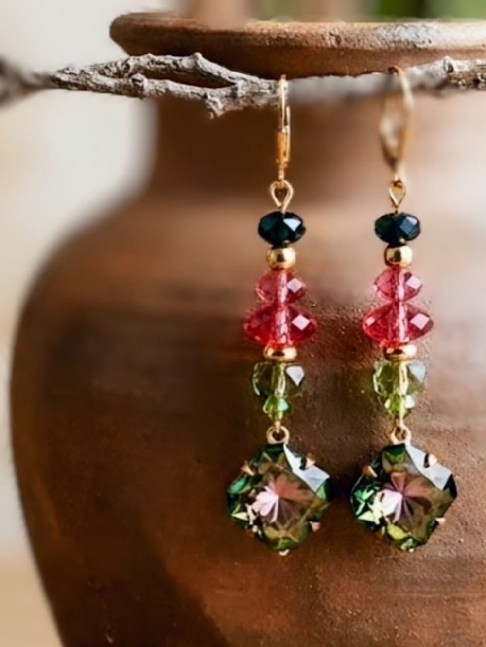 Pink And Green Flower Mosaic Glass In Drop Down Gold Plated Earrings